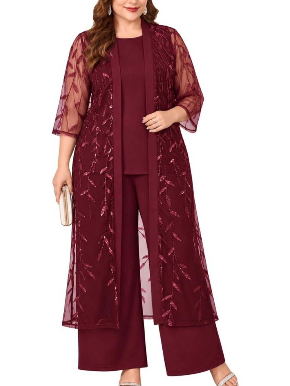 Plus Size 3-Piece Elegant Pantsuit with Sheer Sequin Jacket for Women